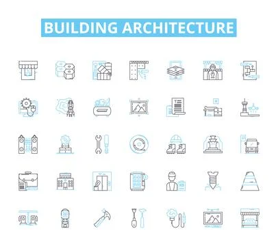 Building architecture linear icons set. Skyscraper, Blueprint, Facade, Columns Ilustración de archivo