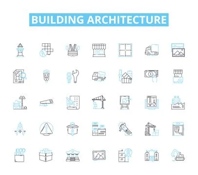 Building architecture linear icons set. Skyscraper, Blueprint, Facade, Columns Ilustración de archivo