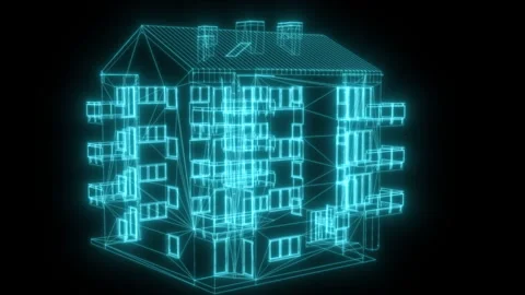 Building architecture wireframe blueprint glowing on black background Stock Footage 340072150