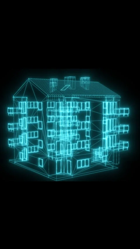 Building architecture wireframe blueprint glowing on black background Stock Footage 340072400