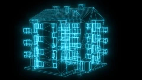 Building architecture wireframe blueprint glowing on black background Stock Illustration