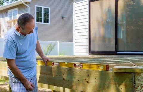 Building a backyard deck with composite deck boards Stock Photos