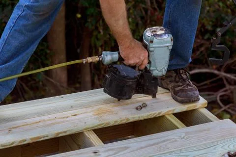 Building a backyard deck with composite deck boards Stock Photos