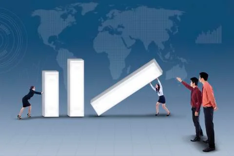 Building bar chart with team on blue world map Ilustración de archivo