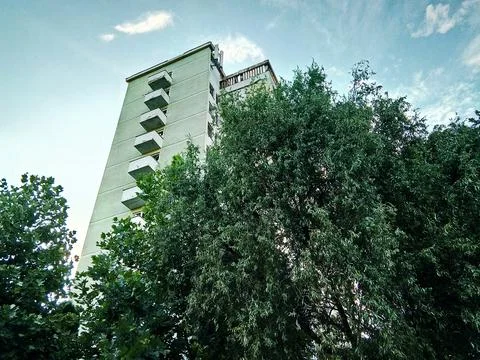 Building behind the trees in Baia Mare city Stock Photos
