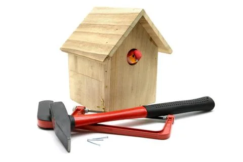 Building bird nesting box with hammer, nails and saw Stock Photos