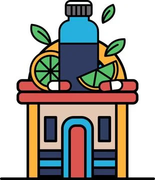 A building with a blue bottle on top of it Ilustración de archivo