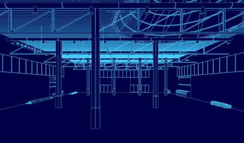 Building with a blue ceiling and blue walls. The building appears to be a large, Ilustración de archivo
