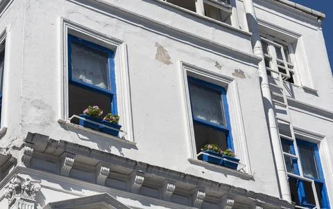 Building with blue window frames and flower boxes in a sunny urban area Stock-Fotos