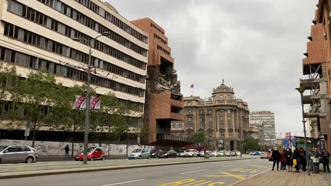 Building bombed during war in Belgrade, Serbia, 4K Stock Footage 142193182