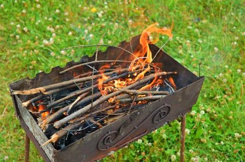 Building a bonfire inside a metal rectangular brazier. Firewood is burning .. Stock Photos
