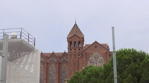 Building bricks bell tower facade overcast church CosmoCaixa Barcelona Stock Footage 327217243
