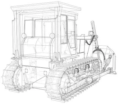 Building bulldozer Isolated. 3D rendering. Wire-frame. The layers of visible and Illustrazione stock
