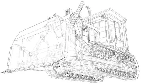 Building bulldozer Isolated. 3D rendering. Wire-frame. The layers of visible and Ilustración de archivo