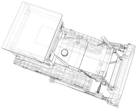 Building bulldozer Isolated. 3D rendering. Wire-frame. The layers of visible and Ilustración de archivo