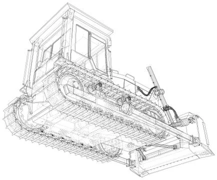 Building bulldozer Isolated. 3D rendering. Wire-frame. The layers of visible and Ilustración de archivo
