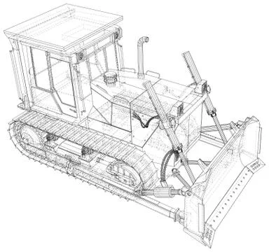 Building bulldozer Isolated. 3D rendering. Wire-frame. The layers of visible and Ilustración de archivo