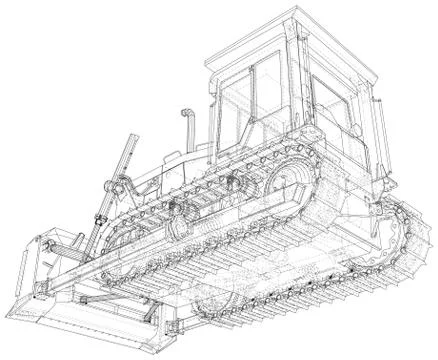 Building bulldozer Isolated. 3D rendering. Wire-frame. The layers of visible and Ilustración de archivo