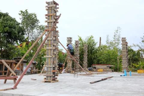 Building cement pillar in construct site Stock Photos