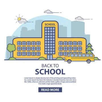 The building of city high and elementary school with the yellow bus. Stock Illustration
