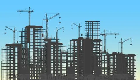 Building city under construction website process with tower cranes silhouette Stock Illustration