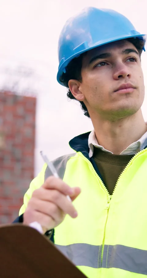 Building, clipboard and thinking with man outdoor for checklist, inspection or Stock Footage 340905377
