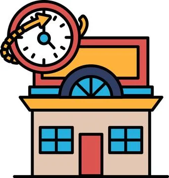 A building with a clock on it that is showing the time as 10:00 Ilustración de archivo