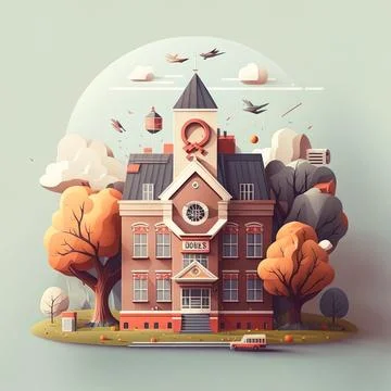 A building with a clock on the top of it surrounded by trees and birds flyi.. Stock Illustration
