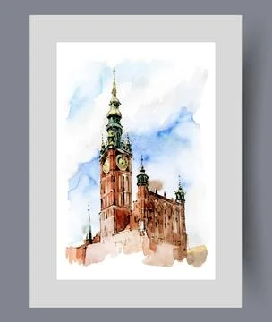 Building with clock on top of tower in Poland in city of Gdansk on wall art Ilustración de archivo