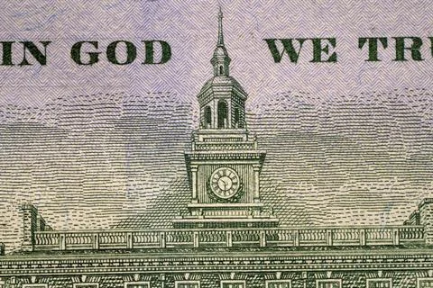 Building with clock tower and text on currency paper Stock Illustration