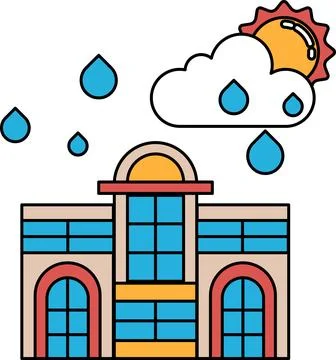 A building with a cloudy sky and rain falling on it Ilustración de archivo