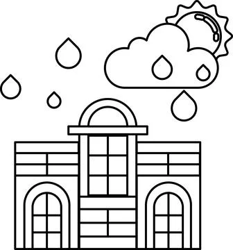 A building with a cloudy sky and rain falling on it Ilustración de archivo