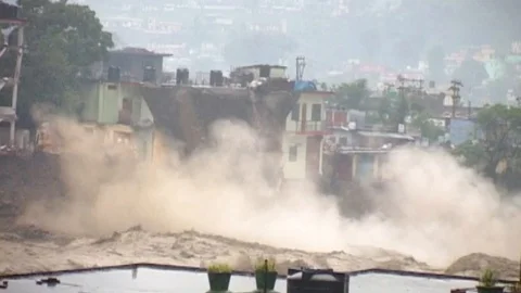 Building collapsed in Ganges, natural disaster, flood, shock Stock Footage