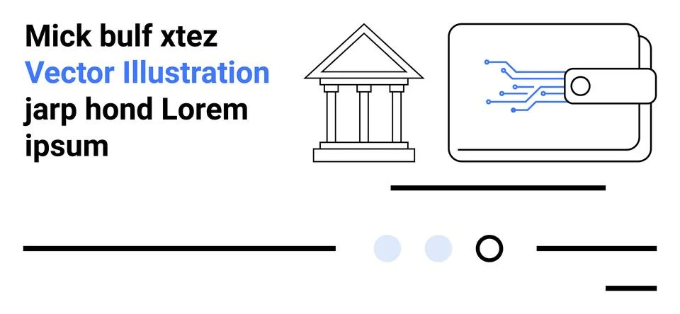 Building with columns, digital wallet with circuit lines, and abstract design Ilustración de archivo