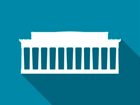 The building with columns flat icon with long shadow. Vector illustration. Ilustración de archivo