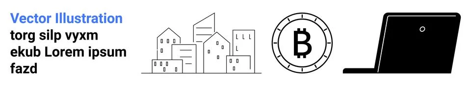 Building complex, Bitcoin symbol, and laptop explore urban growth, digital fi Stock Illustration