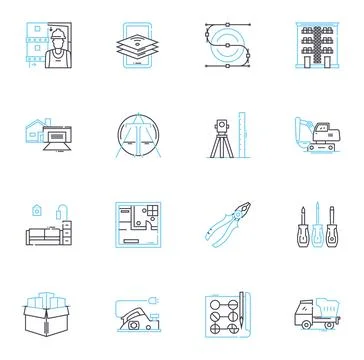 Building compnts linear icons set. Roofing, Flooring, Insulation, Windows, Doors Ilustración de archivo