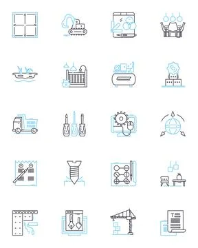 Building compnts linear icons set. Roofing, Flooring, Insulation, Windows, Doors Ilustración de archivo
