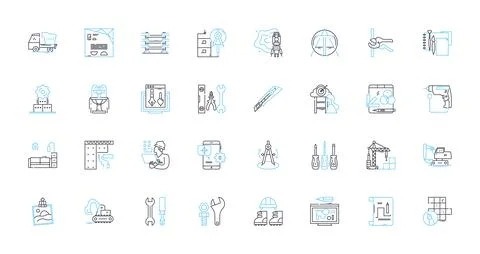 Building compnts linear icons set. Roofing, Flooring, Insulation, Windows, Doors Ilustración de archivo
