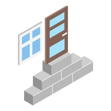 Building component icon isometric vector. New window door and brick stack icon 스톡 일러스트