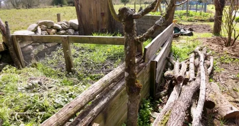 Building compost bin with weeds and wood logs Stock Footage 332765185