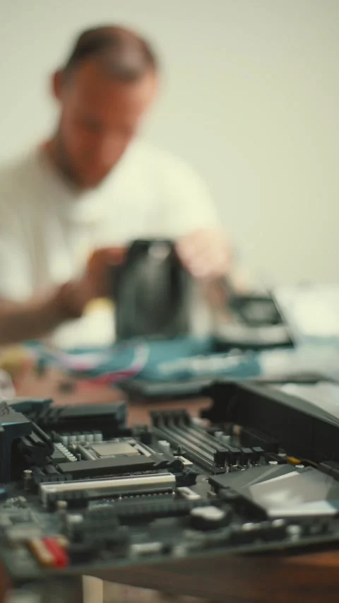 Building a computer with parts on a table while a person works in the background Stock Footage 348317446