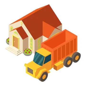 Building concept icon isometric vector. Yellow dump truck near christian church Stock Illustration