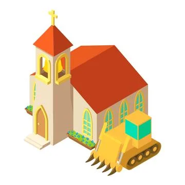 Building concept icon isometric vector. Big bulldozer near church building icon 스톡 일러스트