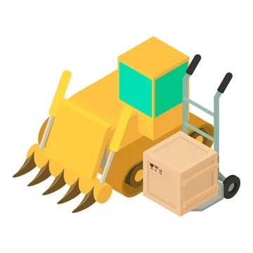 Building concept icon isometric vector. Bulldozer and postal parcel on handcart Stock Illustration