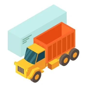 Building concept icon isometric vector. Big yellow dump truck and cargo trailer Ilustración de archivo