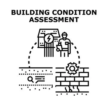 Building condition assessment process evaluating structural integrity Illustrazione stock