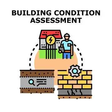 Building condition assessment process evaluating structural integrity Illustrazione stock