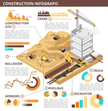 Building construction 3d isometric vector industrial infographic Ilustración de archivo