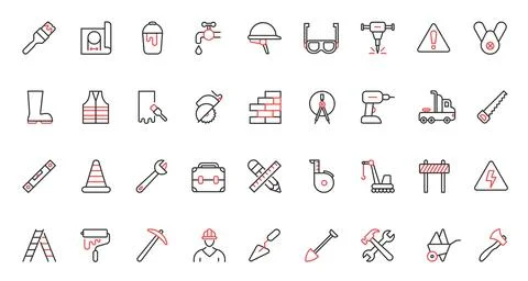 Building construction and repair red black thin line equipment and tools trendy Stock Illustration